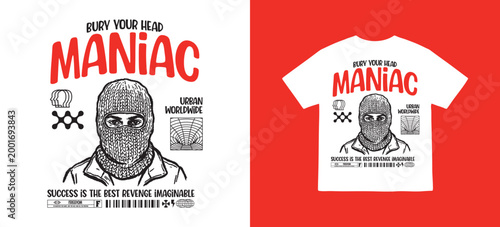Maniac typography with distorted balaclava mask for fashion graphics, streetwear, hoodie, t-shirt prints, and more