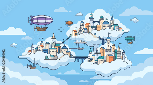 Fantasy city floats on clouds with zeppelins and ships nearby outdoors