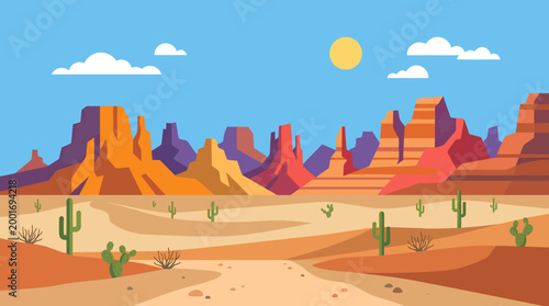 A desert landscape scene with mountains, cacti, and sand under a sunny sky with clouds.