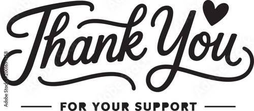 Elegant thank you message in black cursive typography with heart on white background for social media appreciation