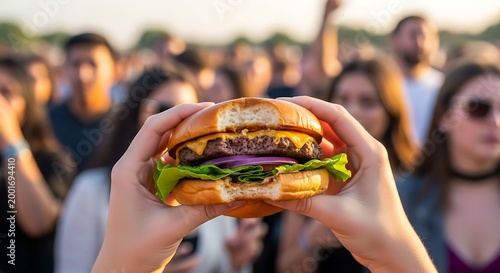 Hands Holding Burger in Front of Crowd
