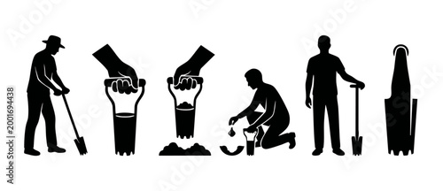 Bulb Planter Tool Silhouette Set for Gardening and Planting. Professional spring flower bulb digging equipment icons showing how to use soil auger and transplanter for horticultural landscaping tasks.