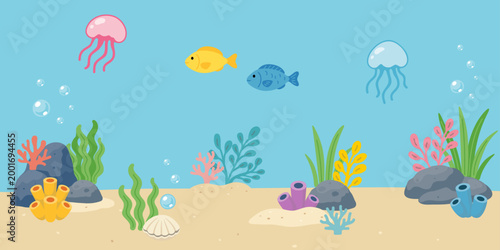 Underwater sea life vector set with coral reef seaweed and ocean animals collection