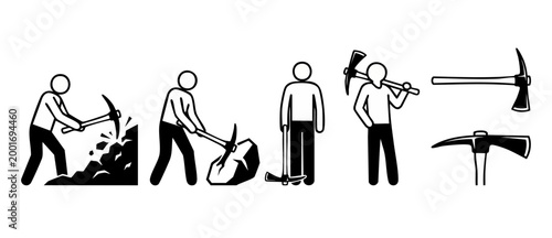 Pickaxe Miner Icon Set, Person Working with Mining Tools, Excavation and Prospecting Symbols, Black and White Vector Illustration for Construction, Geology, and Manual Labor Concepts