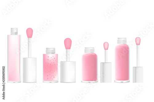 Cosmetic nude pink lipgloss makeup clear glass bottles with brush lid mockup set isolated, transparent background, lip oil, lipstick 3d tube, lip balm, lip tint different shape beauty packaging.