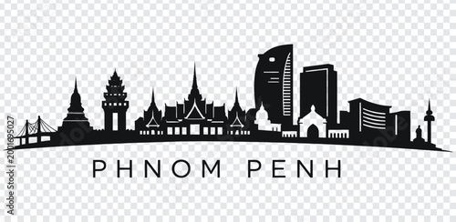 Black silhouette city skyline of phnom penh with various buildings and towers