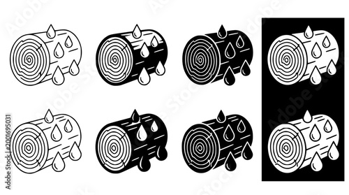 Minimalist vector illustration of wet wooden logs with water drops