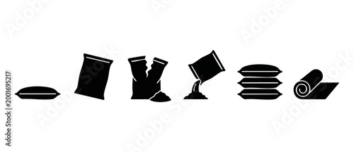 Sack and bag icon set, industrial packaging symbols featuring storage, pouring, and rolled material goods in flat black silhouette vector design for logistics and supply chain business operations.