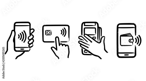 Simple line art illustration of contactless payment methods sequence