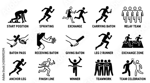 A collection of vector graphics illustrating running and relay race actions