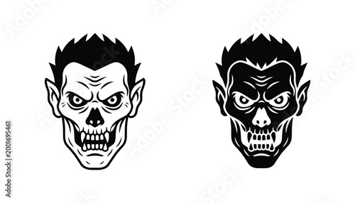 Fierce werewolf head vector illustration featuring sharp fangs and aggressive facial features in line art and solid black silhouette styles for dark fantasy projects