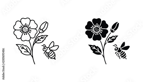 Minimalist floral vector illustration featuring elegant flower blossom with bee icon set in black and white line art and solid silhouette style for nature design projects
