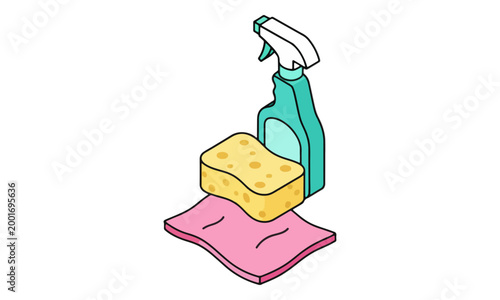 Isometric Cleaning Supplies with Spray Bottle Sponge and Cloth