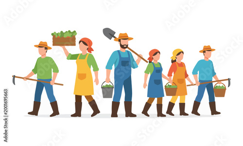 Farmers walking with agricultural tools and vegetable harvest