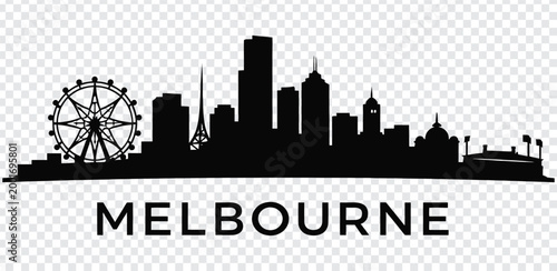 Black silhouette of melbourne city skyline with ferris wheel and buildings