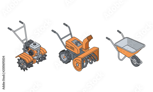 Tiller Snow Blower and Wheelbarrow Isometric Garden Equipment Set