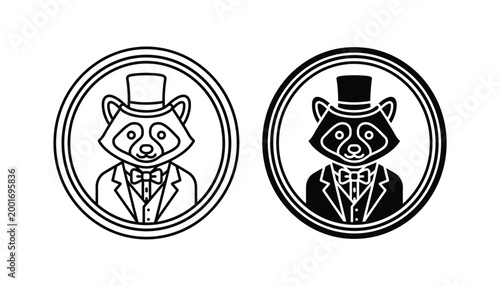 Raccoon character wearing top hat and bowtie in a circular frame vector icon set with line art and solid black silhouette styles for quirky branding