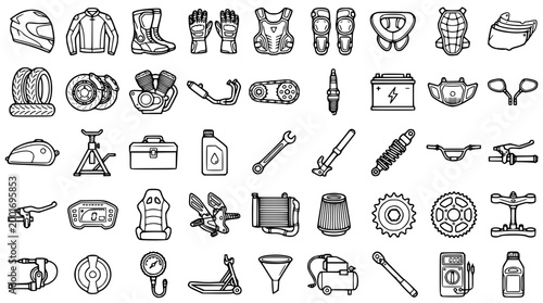 Motorcycle gear and mechanical parts vector graphic icon set