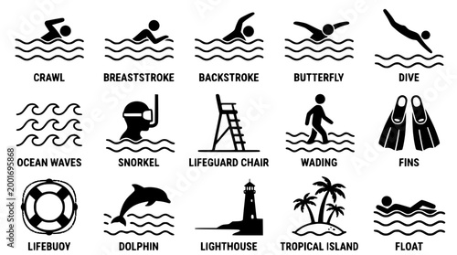 Collection of swimming icons depicting various water sport activities
