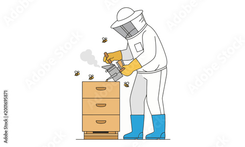Beekeeper Using Smoker on Wooden Beehive Illustration