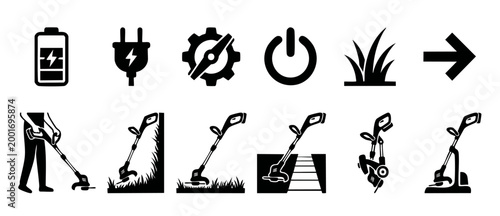 String Trimmer Icon Set, Electric Grass Cutter Tool Graphics for Landscaping and Gardening Vector Illustrations, Professional Lawn Care Equipment Symbols for Web Design, Maintenance and Repair Signs.