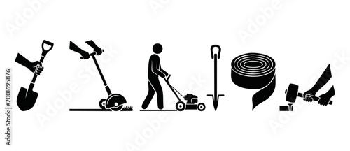 Gardening and Landscaping Icons Set, Professional Lawn Care Equipment and Hand Tools Symbols for Maintenance Services, Vector Illustration Isolated on White Background for Home Improvement Projects