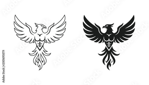 Phoenix bird rising symbol vector set featuring spread wings and muscular chest in line art and solid black silhouette styles for strength and rebirth branding