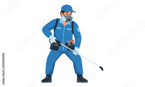 Pest Control Worker Spraying Disinfectant Wearing Respirator