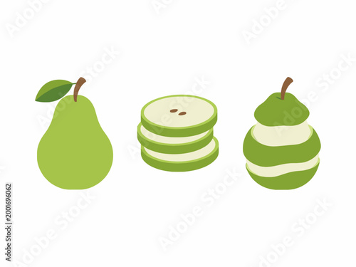 Green pear fruit set with sliced and peeled versions on white