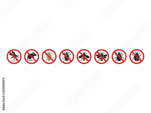 Pest Control Icon Set with Prohibition Signs on White Background