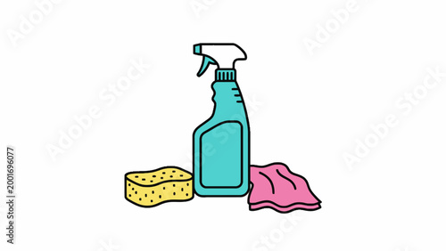 Cleaning Spray Bottle with Sponge and Cloth Isolated on White