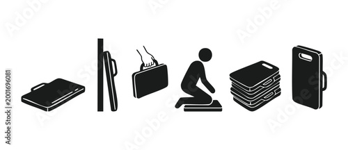 Kneeling pad icon set for knee protection and comfort in gardening or construction work, showing usage instructions and product storage for ergonomic support on hard surfaces, flat vector illustration