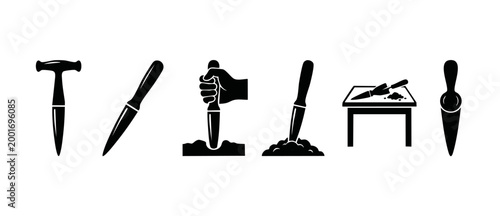 Garden Dibber Tool Set Icon Collection, Gardening Equipment for Planting Seeds and Bulbs, Professional Hand Held Soil Digging Implements, Minimalist Vector Silhouette Graphics for Agriculture Horticul