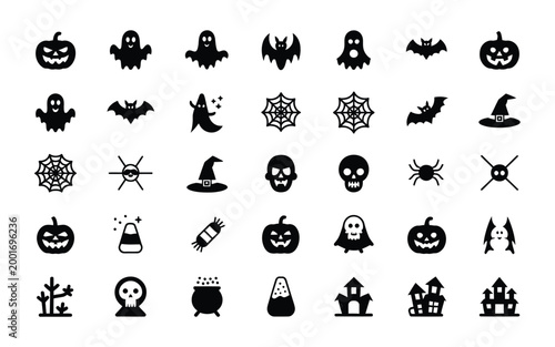 Creative halloween themed icons featuring silhouetted jack o' lanterns ghosts bats witches cauldrons and spooky symbols in bold black and white contrast for seasonal designs
