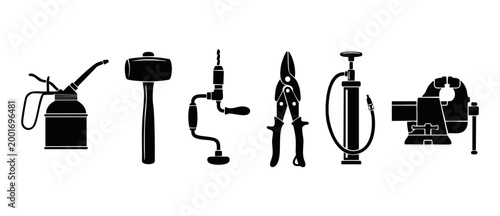 Manual Hand Tools Set Collection Silhouette Icons: Hammer, Drill, Vise, Pliers, Oil Can and Pump for Workshop, Construction, Carpentry, Home Repair and Maintenance Projects, Isolated on White Backgrou