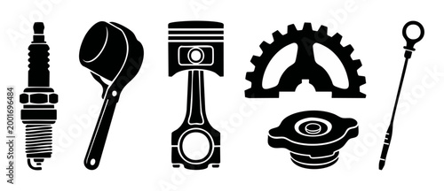 Car Parts Icons Set, Engine Components Vector Symbols, Mechanic Maintenance Equipment for Auto Repair Shop, Garage Service Tools, Spark Plug, Piston, Oil Dipstick, Gear, and Radiator Cap Silhouettes