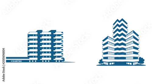 Modern building and skyscraper icon set with city skyline elements, vector illustration for construction, architecture and real estate design.