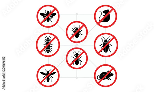 Pest Control Icons in Red Prohibition Signs on White Background