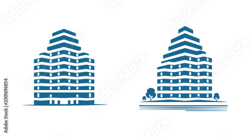 Modern building and skyscraper icon set with city skyline elements, vector illustration for construction, architecture and real estate design.