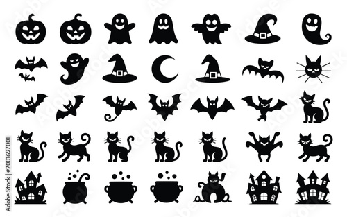 Halloween themed silhouettes collection featuring mystical creatures spooky symbols and enchanting icons against a stark white background for versatile graphic design use