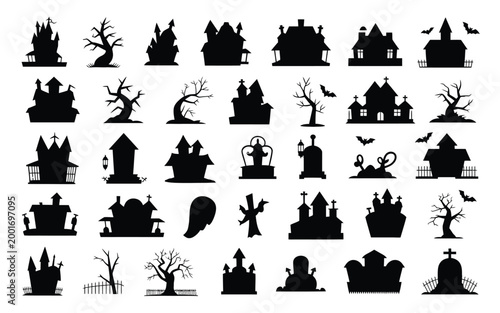 Eerie black silhouette collection of haunted houses ghostly figures and autumnal trees evoking spooky halloween atmosphere with bats tombstones and eerie fog for dark fantasy