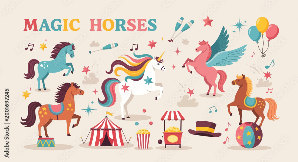 Naklejka premium Whimsical cartoon illustration set featuring magical horses, unicorns, Pegasus, and circus elements for enchanting designs