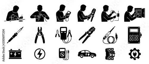 Electrician Tools and Professional Technician Icons Set - Vector Symbols of Soldering, Wiring, Measurement, Circuit Breakers, Multimeter, Car Repair, and Electrical Engineering Maintenance Maintenance