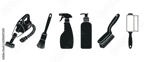 Cleaning Tools Icons Set Vector, Housekeeping Equipment Silhouettes Collection featuring handheld vacuum, spray bottle, scrubbing brush, and lint roller for professional hygiene and maintenance servic
