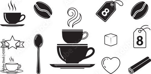 Coffee Cup Beverage Outline Icons Set Isolated on White Background