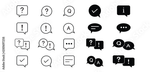 Speech Bubble Icon Set with Question Mark, Exclamation Point and FAQ Symbols in Line and Solid Styles for Customer Support and Information Concept ---
