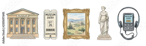 Set of five hand-drawn museum icons featuring a classical building, an admission ticket, a framed painting, a marble statue, and an audio guide for a cultural exhibition