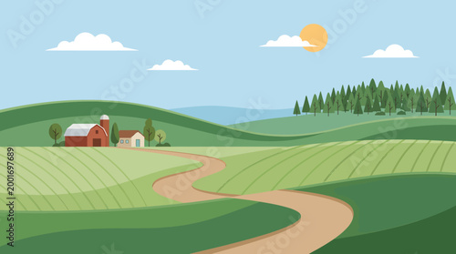 A serene countryside landscape with rolling green hills, trees, and a winding dirt road leading to a red barn under a sunny sky.