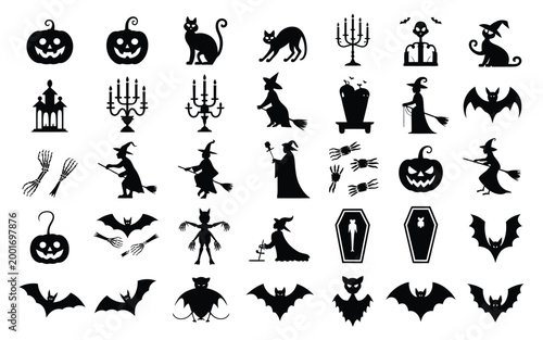 Elegant black silhouette collection featuring mystical creatures and halloween symbols dancing against a stark white background for a hauntingly artistic seasonal design