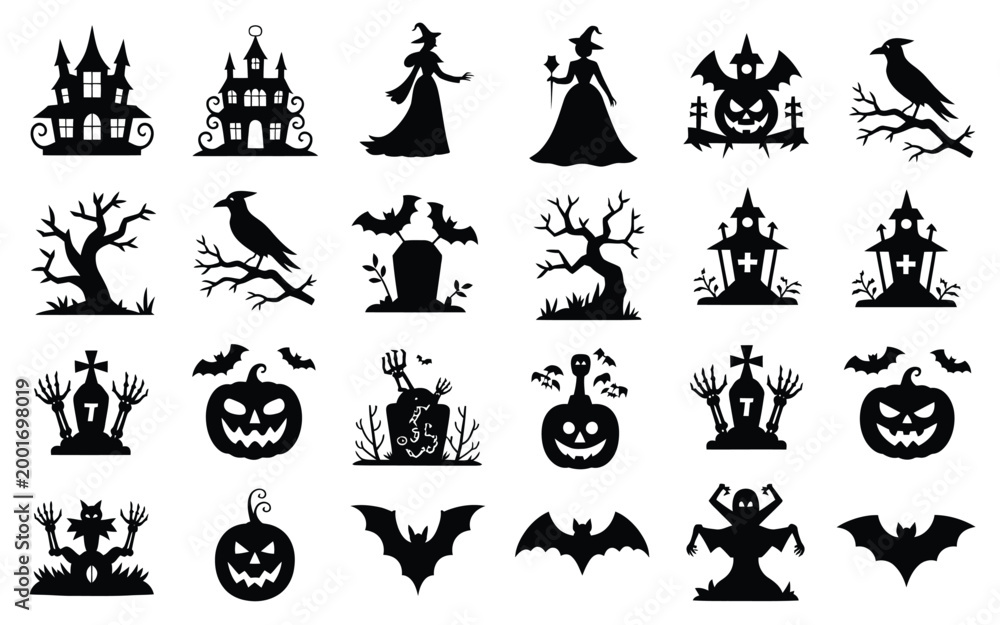 Fototapeta premium Elegant halloween themed silhouette collection featuring haunted castles mystical witches carved pumpkins and eerie bats against a stark white background for spooky seasonal